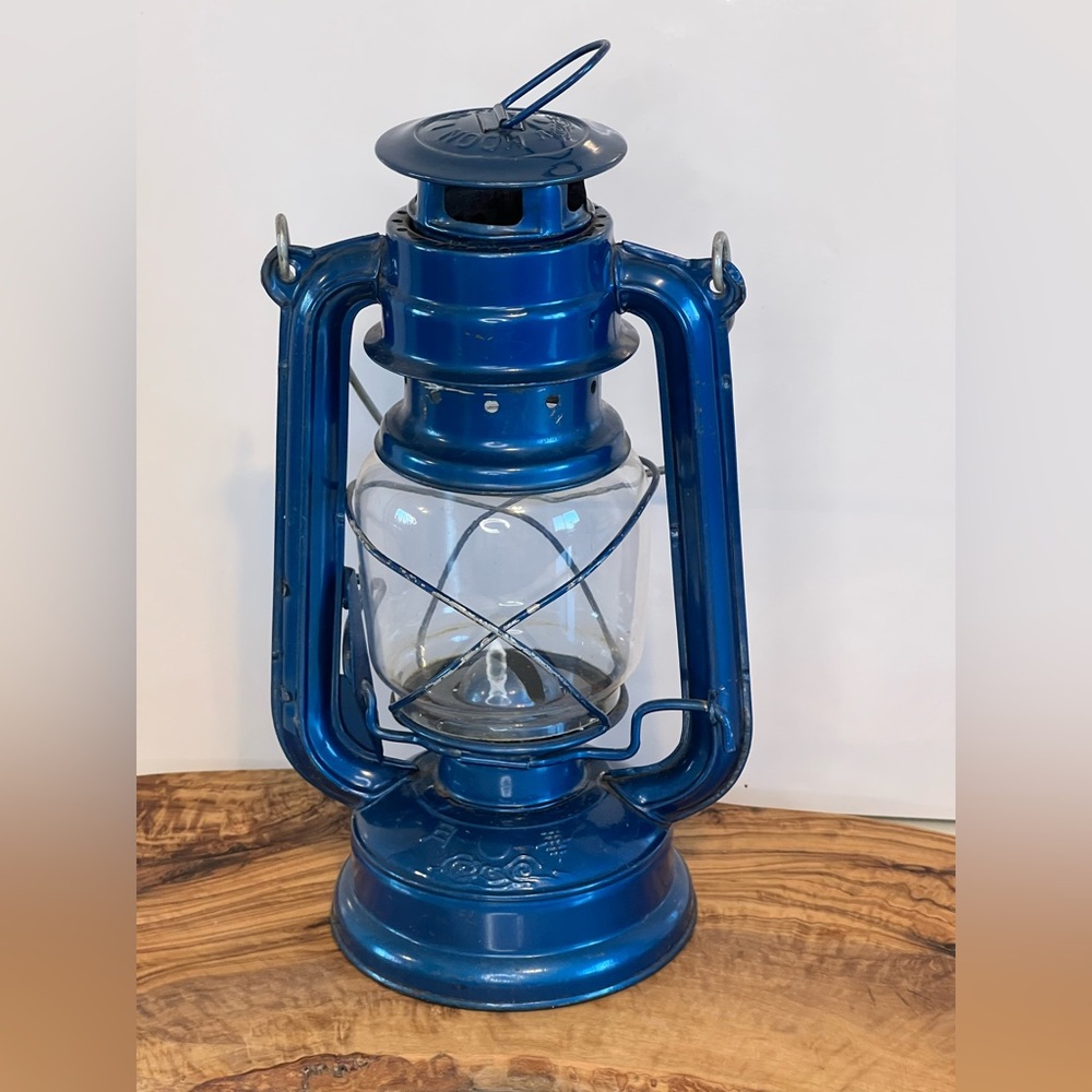 Vintage Blue Painted Winged Kerosene Chinese Lantern Lamp Moon Light Brand 9”